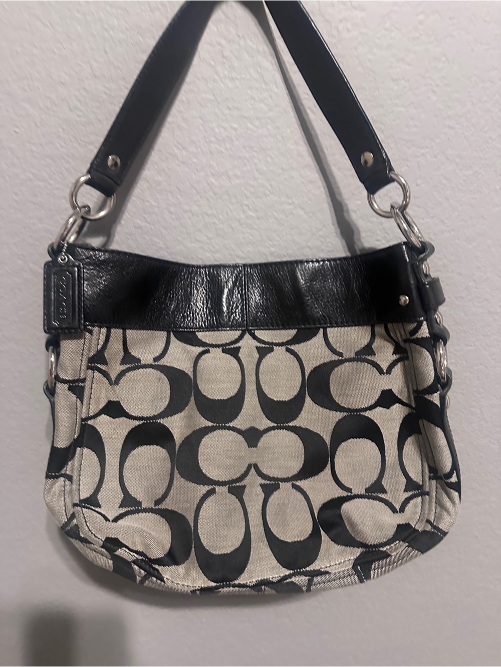 Coach Black and Cream Signature Canvas Shoulder Bag